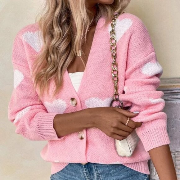 Pink white Heart Print sweater Knit Cardigan - Picture 3 of 6
